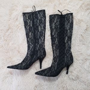 Ann Marino Black Lace Pointed-Toe Mid-Calf Stiletto Boots